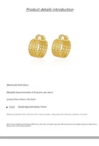 Details zu 15mm 18k vergoldeten Gitter-Ohrringen aus S925 Sterling Silber Material
