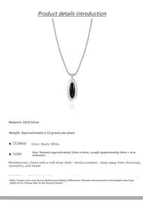 Macro detail of S925 silver oval black agate necklace with dimensions and specifications