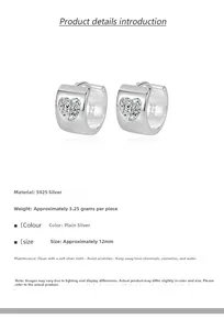 Detail view of S925 sterling silver heart zircon earrings with dimensions and weight specs