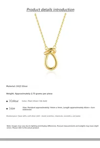 Detail of S925 sterling silver knotted pendant necklace with 18k gold plating finish