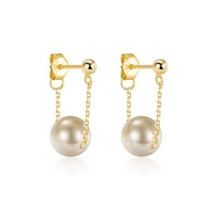 Elegant S925 sterling silver drop earrings with dangling round pearls on thin gold chains