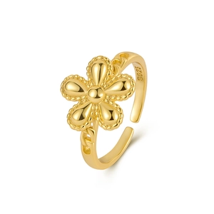 Minimalist S925 sterling silver adjustable ring featuring a gold five-petal flower design