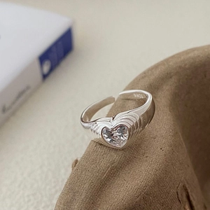 S925 sterling silver adjustable open ring with heart zircon and layered textured band