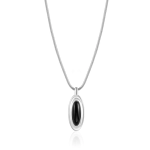 S925 sterling silver necklace with oval black agate pendant and delicate snake chain