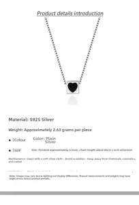 Detail view of S925 silver square pendant with black heart on fine box chain
