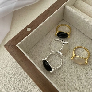 Minimalist 925 sterling silver open ring with oval black agate and chalcedony gemstones