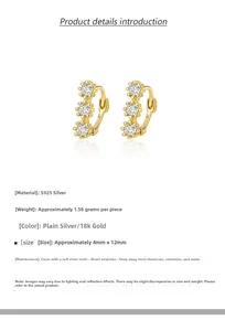 Detailed view of 925 sterling silver gold earrings with zircon stones and dimensions
