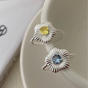Elegant 925 sterling silver flower rings with colorful zircon and rope texture bands
