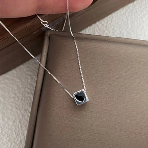 925 Sterling Silver Black Heart Cube Pendant Necklace For Women Elegant Enamel Square Box Chain Dainty Sweet Jewelry Accessory