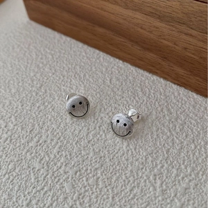 925 Sterling Silver Brushed Smiley Face Stud Earrings For Women Simple Cartoon Round Smile Facial Expression Jewelry Accessories