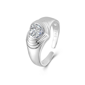 S925 sterling silver open ring featuring a large heart-shaped zircon and wavy layers