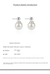 Detailed specs of 10mm white pearl earrings with S925 sterling silver posts and 1.85g weight