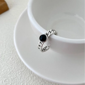 Vintage 925 Sterling Silver Black Agate Ring For Women Men Unisex Minimalist Chain Link Crossed Line Adjustable Finger Ring Jewelry
