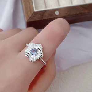 925 silver daisy flower ring with light blue zircon and vintage twisted rope band