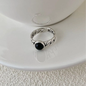 Retro S925 sterling silver chain ring with black agate stone for men and women