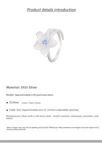 Detailed specs of S925 sterling silver hibiscus ring with light blue zircon flower