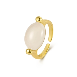 Minimalist 925 sterling silver open ring featuring an oval white chalcedony gemstone