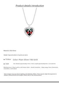 Close-up of S925 sterling silver cherry heart pendant with black enamel finish