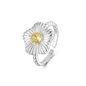 Adjustable S925 sterling silver daisy flower ring with yellow zircon stone and twisted band