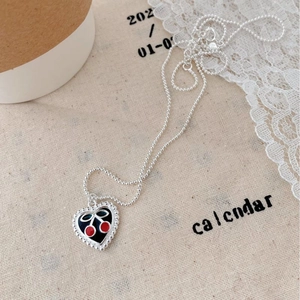 S925 sterling silver beaded necklace featuring a black heart pendant with red cherry motifs