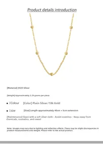 Detail of S925 sterling silver beaded necklace with 18k gold plating and specifications