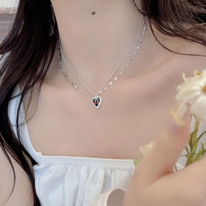 S925 sterling silver double-layer cherry heart pendant necklace on model