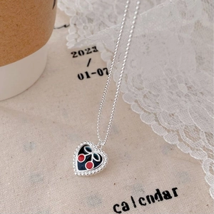 925 Sterling Silver Heart Cherry Pendant Necklace Vintage Sweet Cool Enamel Rhinestone Ball Chain Women Fashion Jewelry Gift