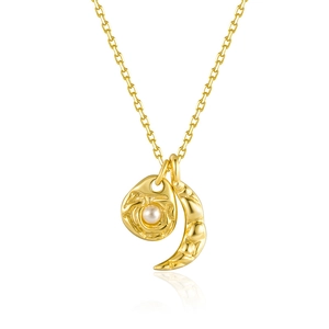 S925 silver gold-plated necklace with moon pendant, hammered disk and white pearl