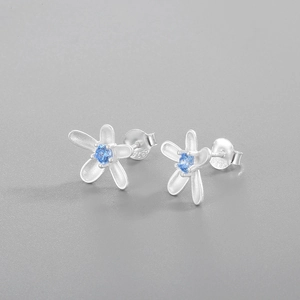 S925 Sterling Silver Flower Stud Earrings Matte Five Petal Blue Rhinestone Minimalist 925 Silver Post Jewelry For Women