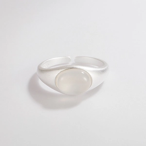 Macro detail of S925 sterling silver ring with matte texture and white chalcedony stone