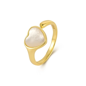 Adjustable S925 sterling silver ring with golden heart shell inlay on white background