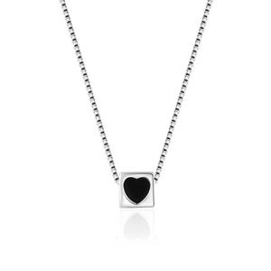 S925 sterling silver square pendant necklace with black heart detail on white background