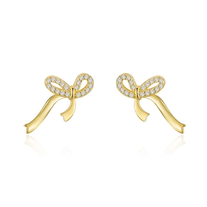 Elegant gold S925 silver ribbon bow earrings with micro-set cubic zirconia stones