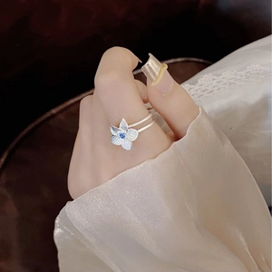 S925 sterling silver hibiscus flower ring with blue gemstone on double layer band