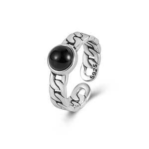 Retro S925 sterling silver open ring with vintage chain texture and black onyx gemstone
