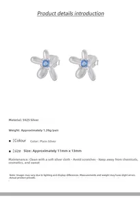 Detailed view of S925 sterling silver flower stud earrings with blue cubic zirconia