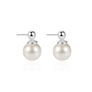 Elegant 925 sterling silver pearl stud earrings with classic round white pearls on white base