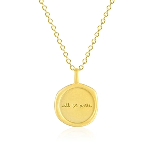 Matte 925 sterling silver necklace with a gold 'all is well' engraved round pendant