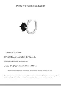 Macro view of S925 sterling silver ear cuff with black zircon and product measurements