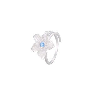S925 sterling silver hibiscus ring with light blue crystal and brushed petals
