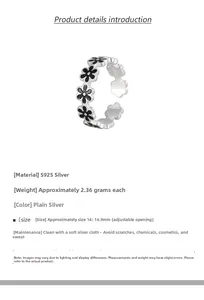Detail of 925 sterling silver flower ring showing S925 stamp and adjustable band size