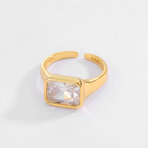 Macro shot of S925 sterling silver ring with rectangular zircon in bezel setting