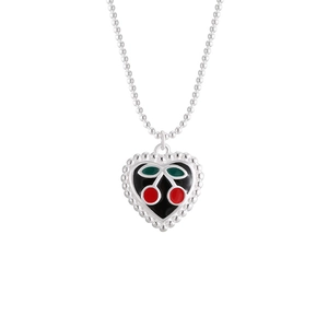 Vintage S925 silver heart necklace with red cherry enamel pendant on a bead chain