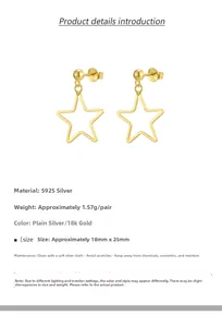 Detail view of gold star drop earrings with S925 silver specs and 18x25mm dimensions