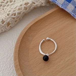 Minimalist S925 sterling silver open ring with a hanging black onyx bead pendant