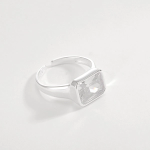 Detail of adjustable S925 sterling silver ring with a large rectangular zircon stone