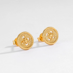 Detailed close-up of retro golden button earrings with embossed rope texture
