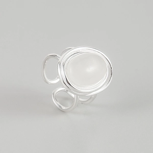 S925 Sterling Silver Double Layer Line Ring For Women Minimalist Adjustable Black Agate White Chalcedony Inlaid Finger Ring Fashion Jewelry