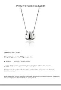 Macro shot of liquid teardrop pendant in S925 sterling silver with specs for the chain