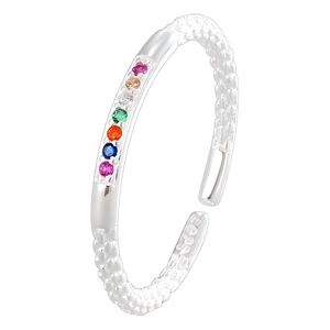 S925 sterling silver rainbow zircon ring with hammered texture and colorful gemstones